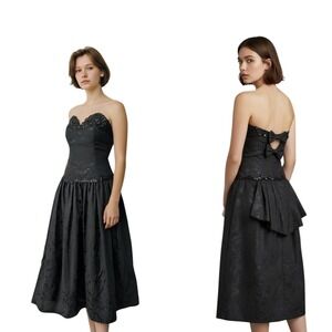 Scott McClintock Vintage 90s Black Damask Strapless Bow Back Ball Gown Dress 4